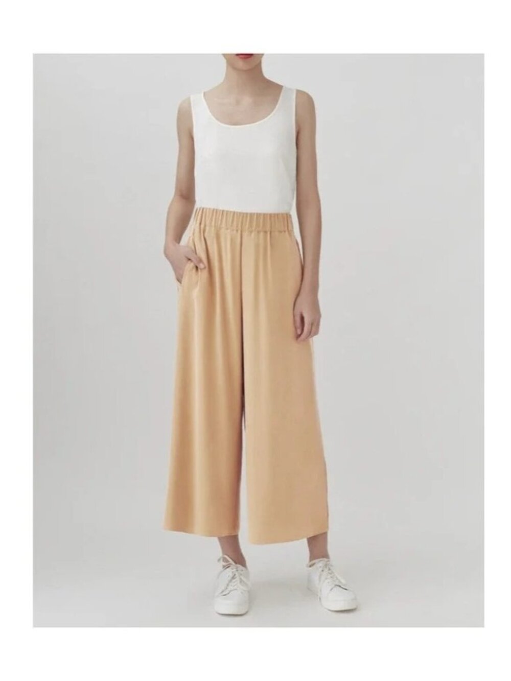 CUYANA Washable Silk Wide-Leg Cropped Pull-On Pant Sz XS Tan
